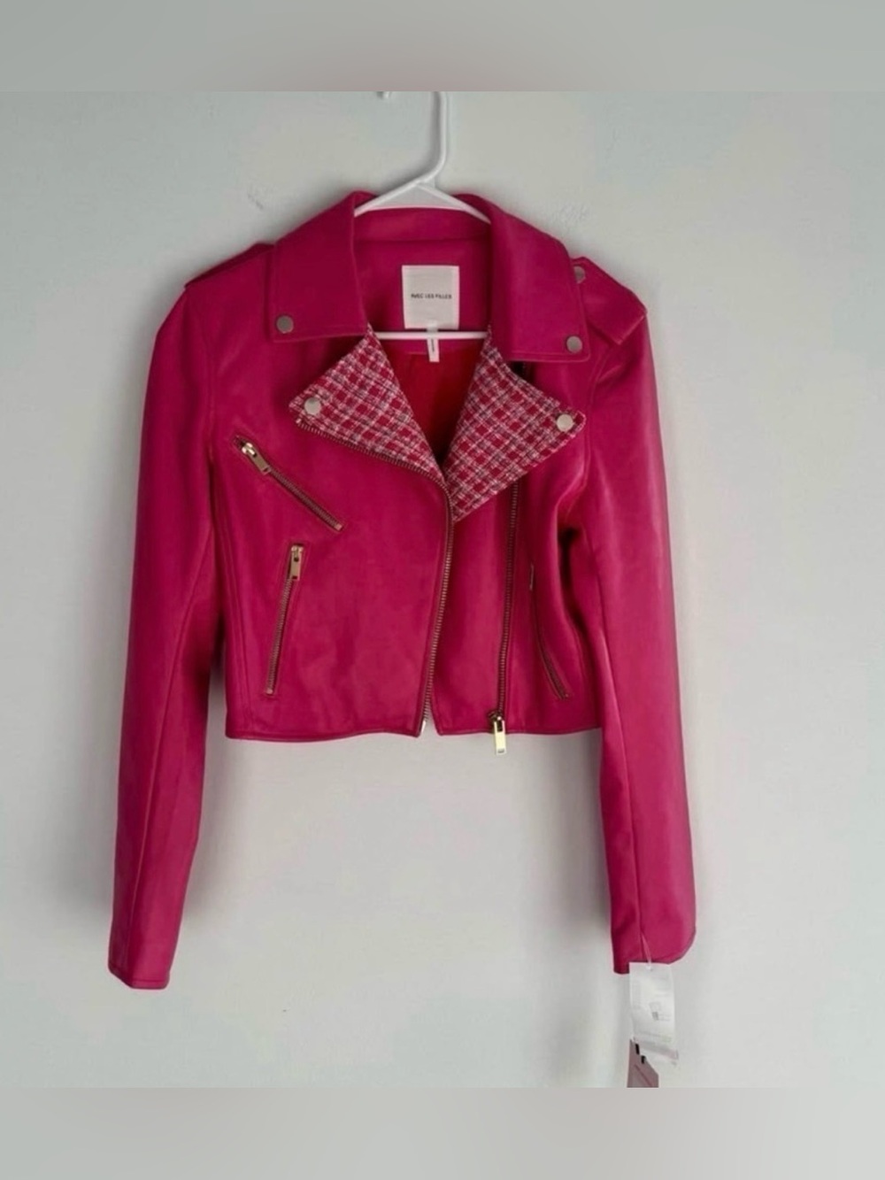 Avec Les Filles Hot Pink Faux Leather Moto Jacket Plaid Collar Small NWT
